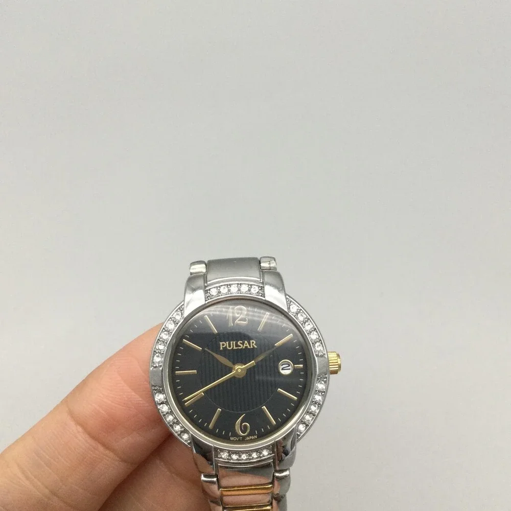 Pulsar Women Watch 27mm Two Tone Black Dial Crystals VJ22-X112 New Battery 6.25